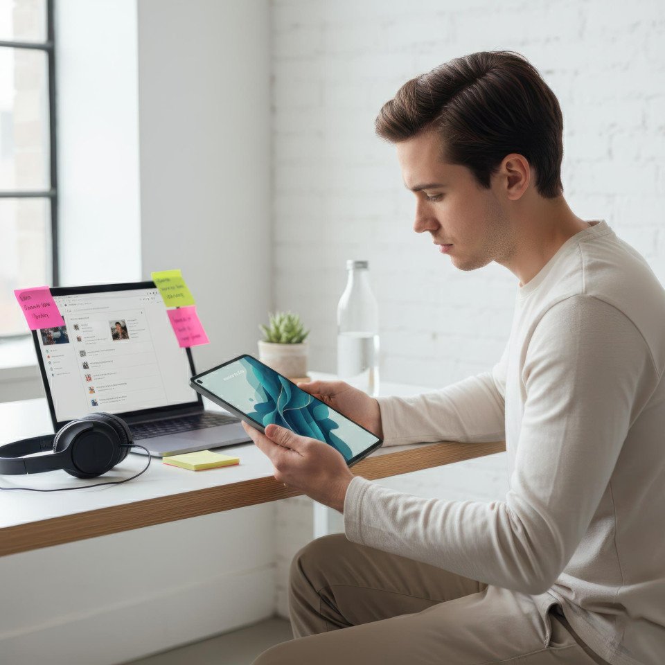 Startup founder using tablet in minimalist coworking office google gemini prompt