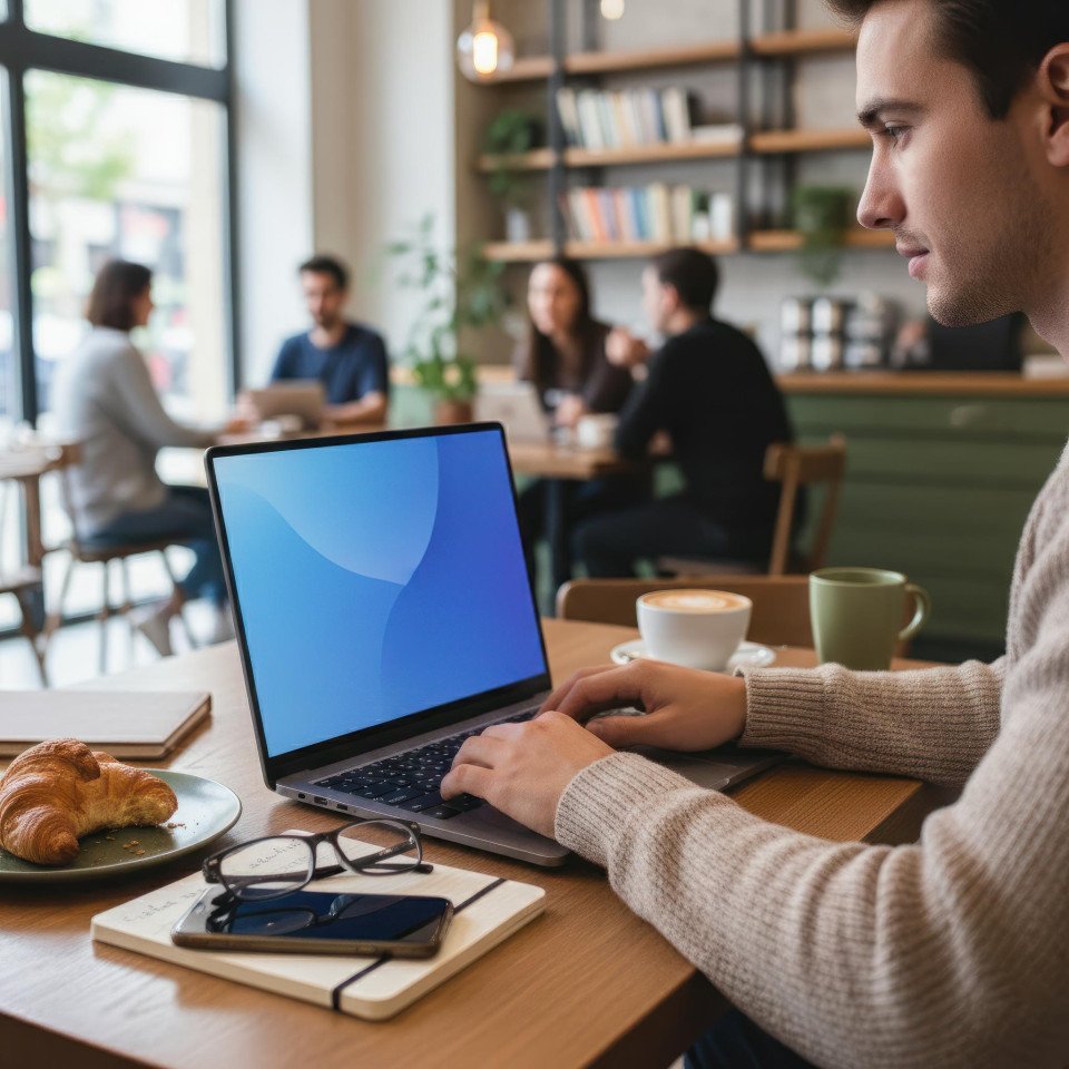 Digital nomad working on laptop in busy café setting google gemini prompt