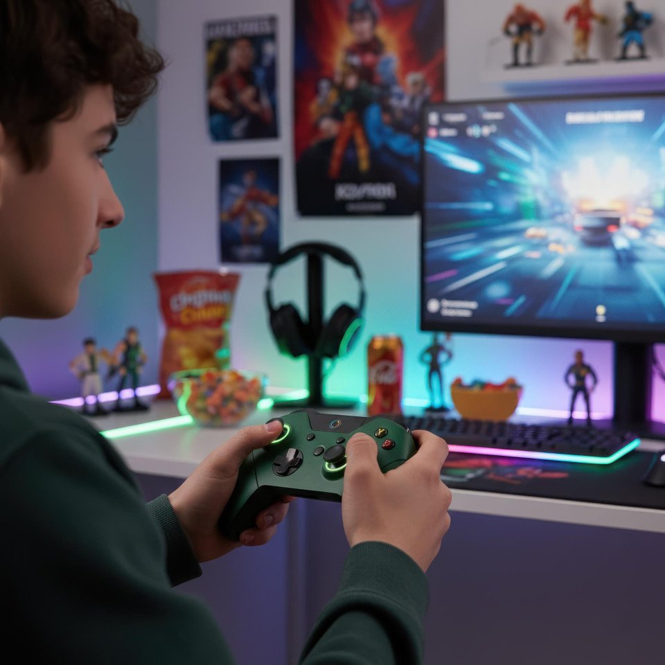 Teenage gamer playing console in colorful bedroom setup google gemini prompt