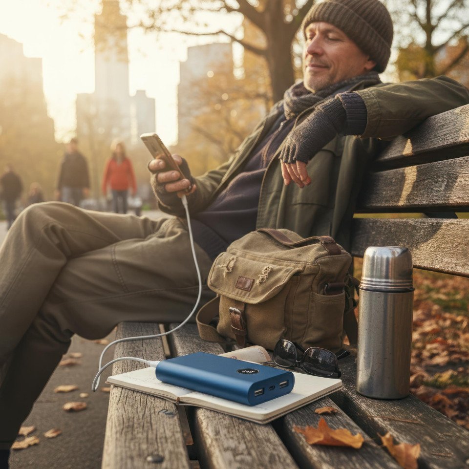 Portable charger used on park bench during urban break google gemini prompt