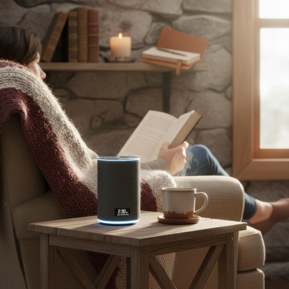 Smart speaker use in cozy cabin by relaxed book lover google gemini prompt