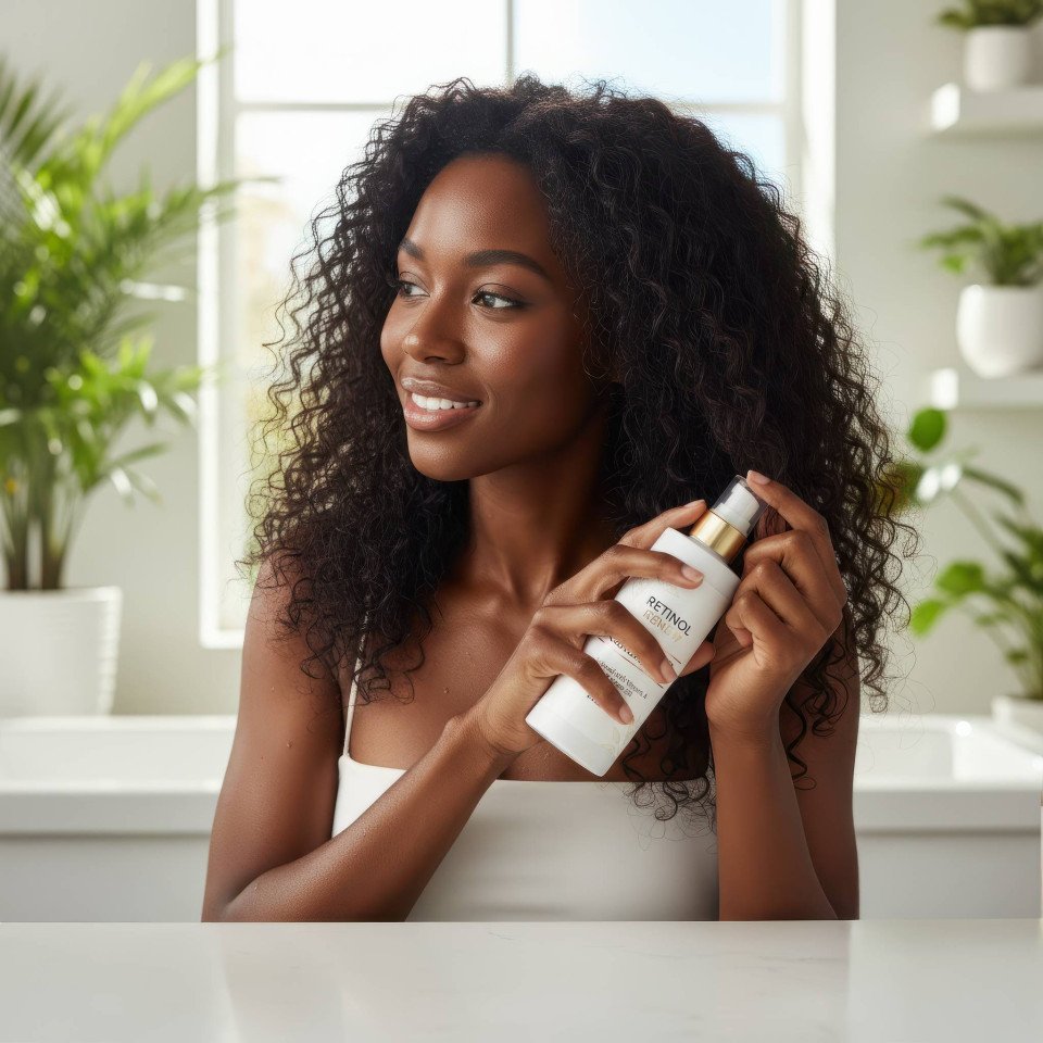 Young woman applying leave in hair conditioner in bright bathroom google gemini prompt