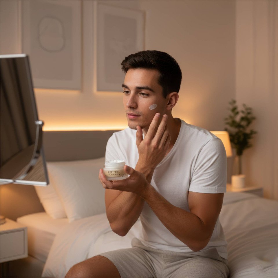 Young man applying retinol night cream in bedroom google gemini prompt