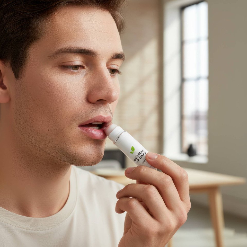 Young man applying tinted lip balm in contemporary apartment google gemini prompt