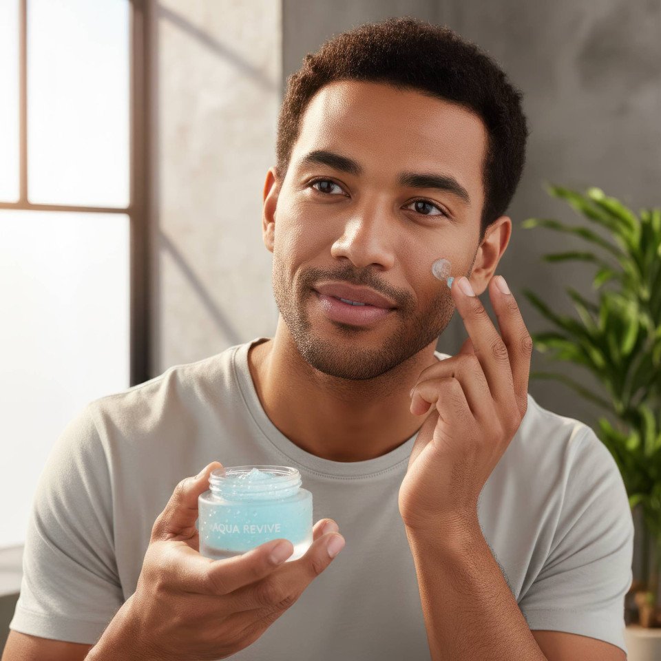 Young man applying gel moisturizer in sunlit bathroom google gemini prompt