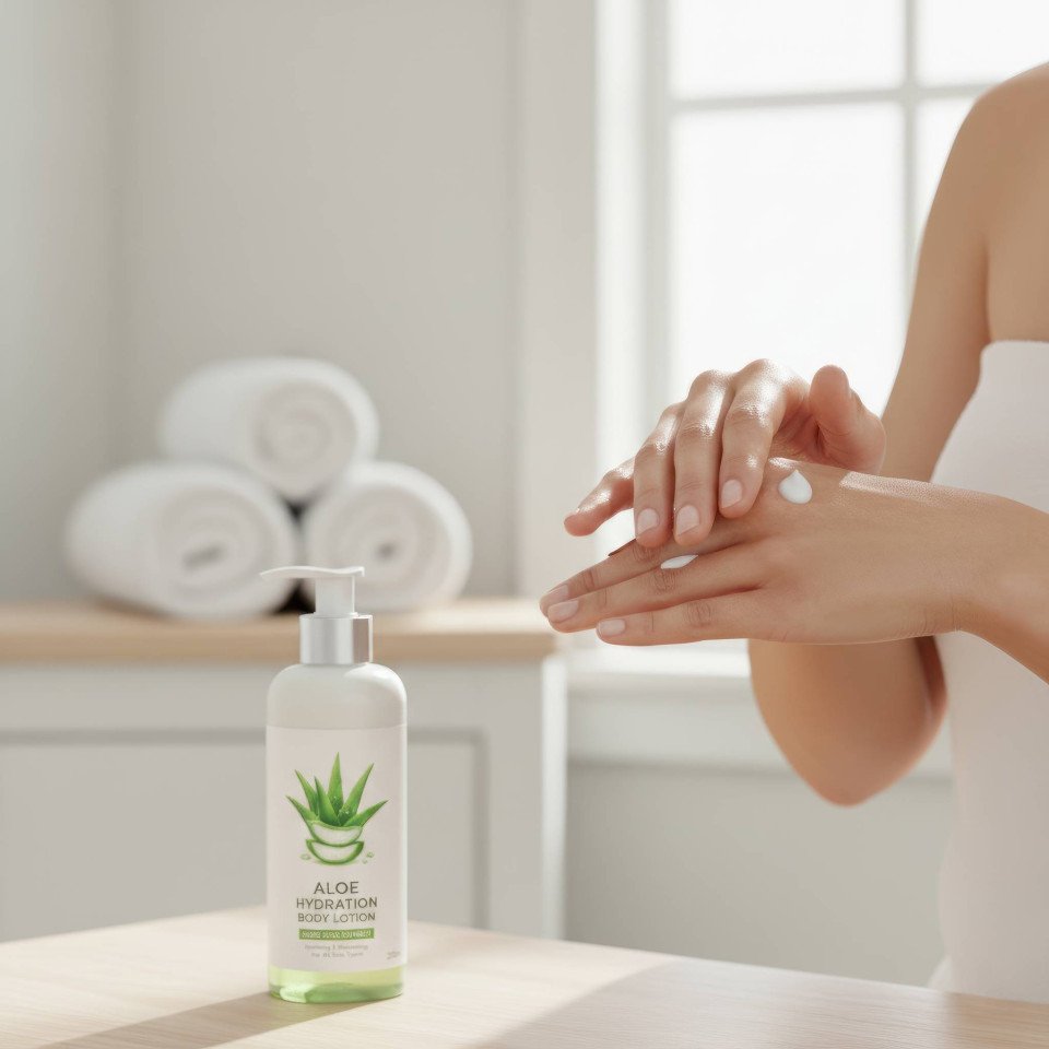 Young woman applying aloe vera body lotion in spa room google gemini prompt