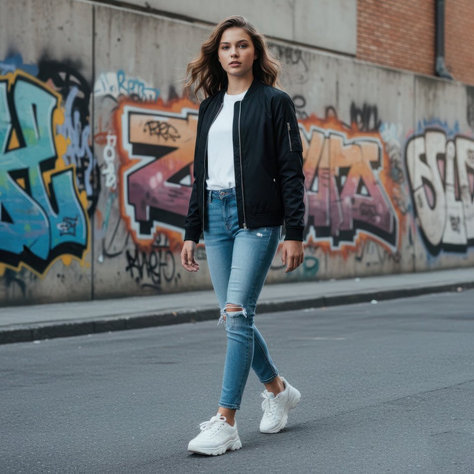 Teen girl wearing jacket graffiti wall google gemini prompt