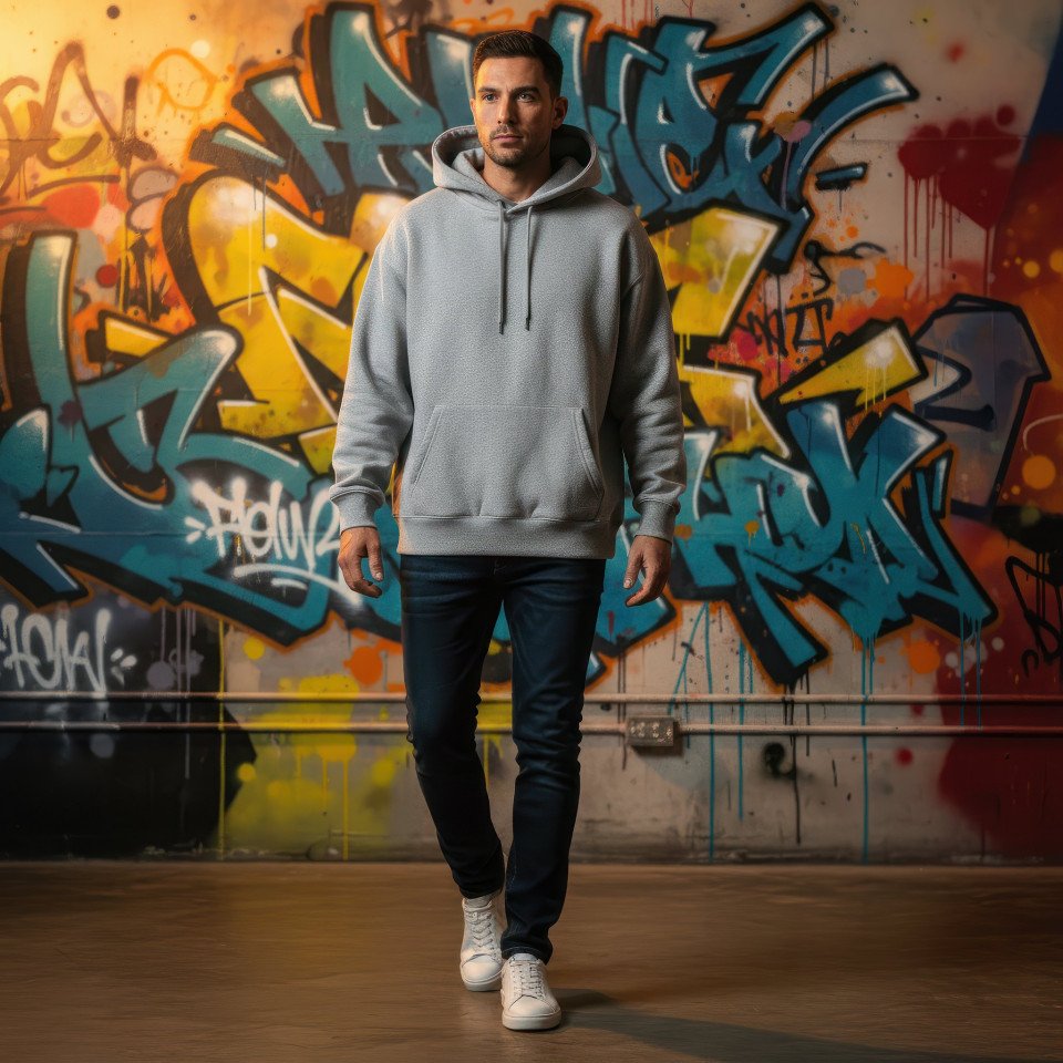 Man wearing hoodie graffiti wall indoor google gemini prompt