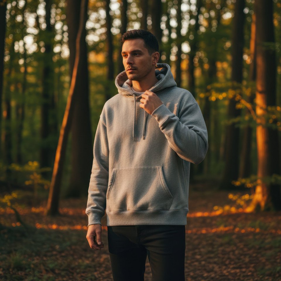 Sporty man hoodie in forest outdoor google gemini prompt
