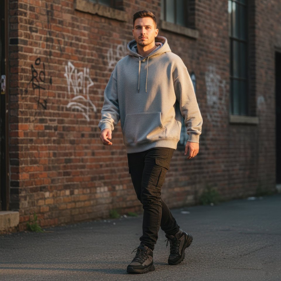 Young man streetwear hoodie brick wall google gemini prompt