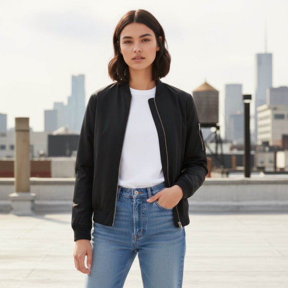 Woman wearing jacket on city rooftop google gemini prompt